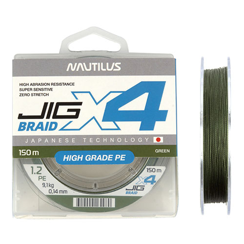 Шнур Nautilus X4 Jig Braid Green d-0.14мм 9.1кг 1,2PE 150м - оптовый интернет-магазин рыболовных товаров Пиранья
