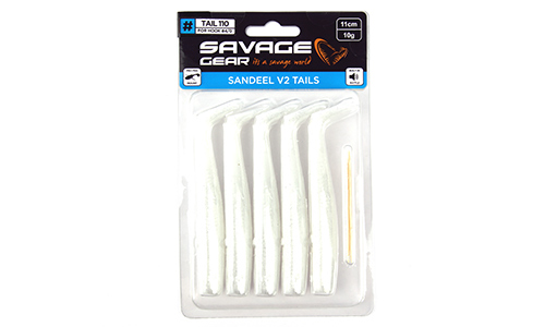 Мягкая приманка Savage Gear Sandeel V2 Tail 110 White Pearl Silver, 11см, 10г, уп.5шт, арт.72544 - оптовый интернет-магазин рыболовных товаров Пиранья 2