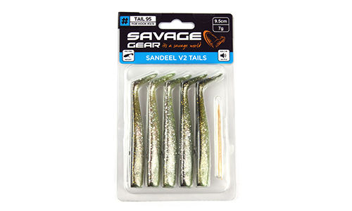 Мягкая приманка Savage Gear Sandeel V2 Tail 95 Green Silver, 9.5см, 7г, уп.5шт, арт.72536 - оптовый интернет-магазин рыболовных товаров Пиранья 2