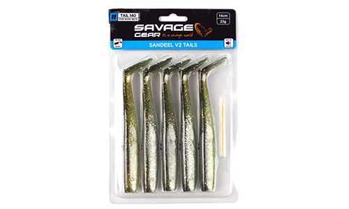 Мягкая приманка Savage Gear Sandeel V2 Tail 140 Green Silver, 14см, 23г, уп.5шт, арт.72554 - оптовый интернет-магазин рыболовных товаров Пиранья 2